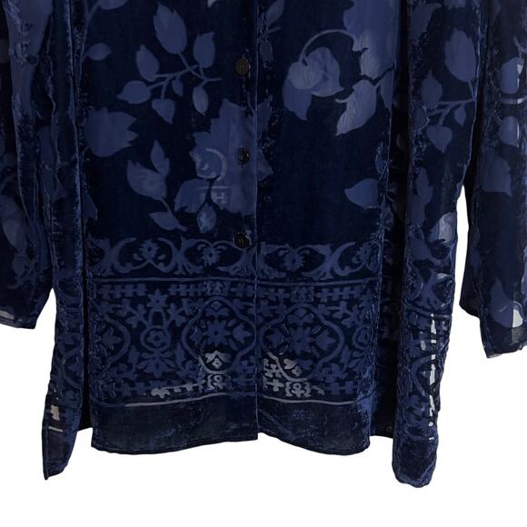 Maggie McNaughton Womens Burnout Velvet Blouse 3X Navy Floral Button Front Tunic - Picture 3 of 6